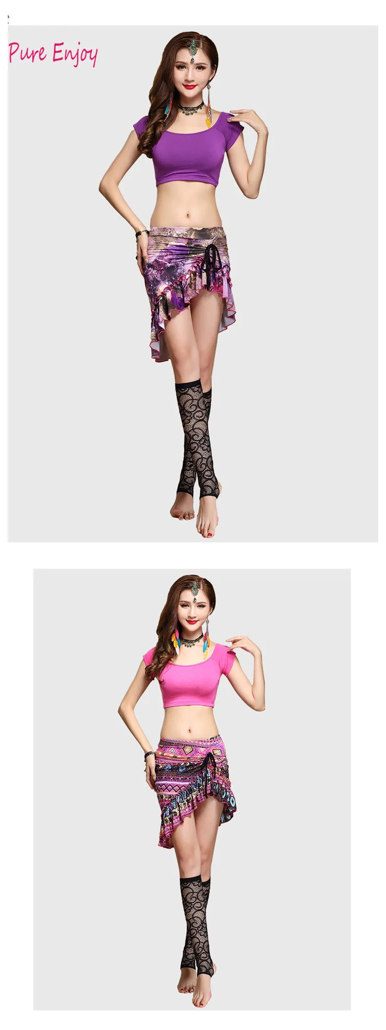 Танец живота Женщины Печатные Сетки Полиэстер Bellydance Set Dress Женщины Костюм Танец Живота 11 цветов Сексуальная рубашка с коротким рукавом юбка