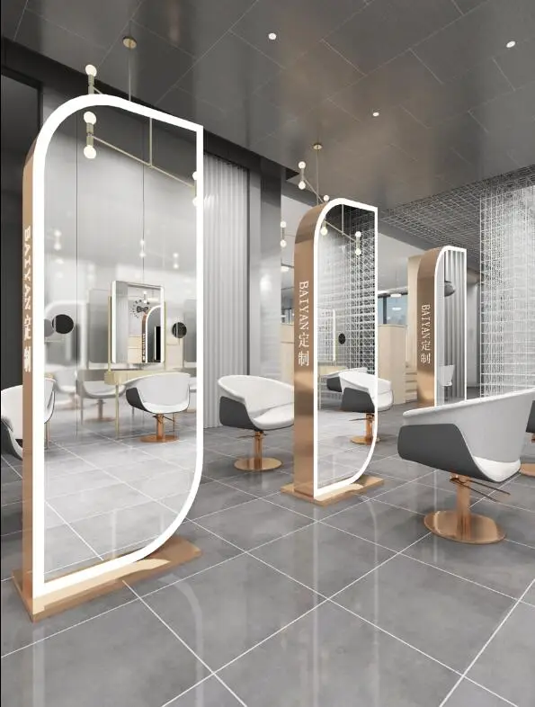 Net red barber shop mirror table hair salon mirror trendy double-sided mirror cabinet one hair salon dedicated LED touch 3 4 5 6 stainless steel self closing bifold swing hinge fence dedicated door double sided spring hinge