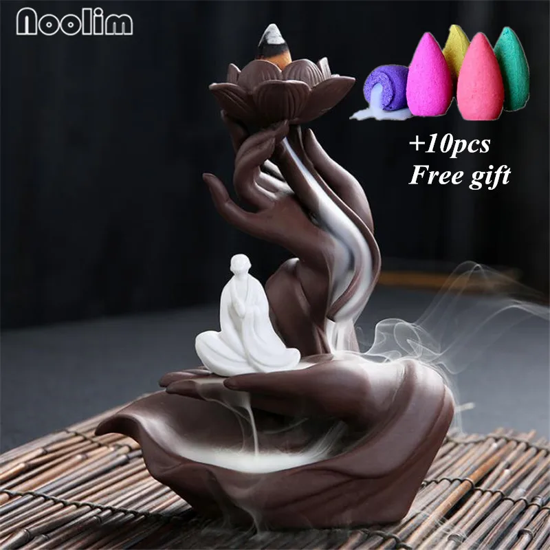 

Buddha Hands Ceramic Backflow Incense Burner Creative Lotus Incense Cones Holder Handicraft Home Tower Ornaments Aroma Censer