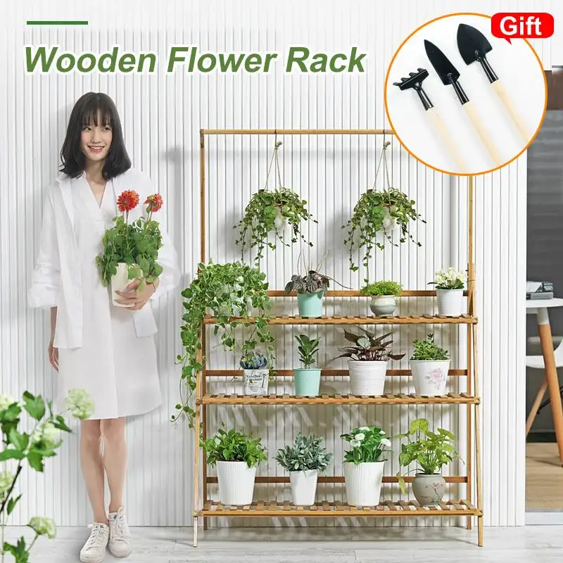 

Plant Stand Flower Pot Display Multi-layer Shelf with Hanging Rod Plants Rack Holder Organizer Home Livingroom Garden Decor