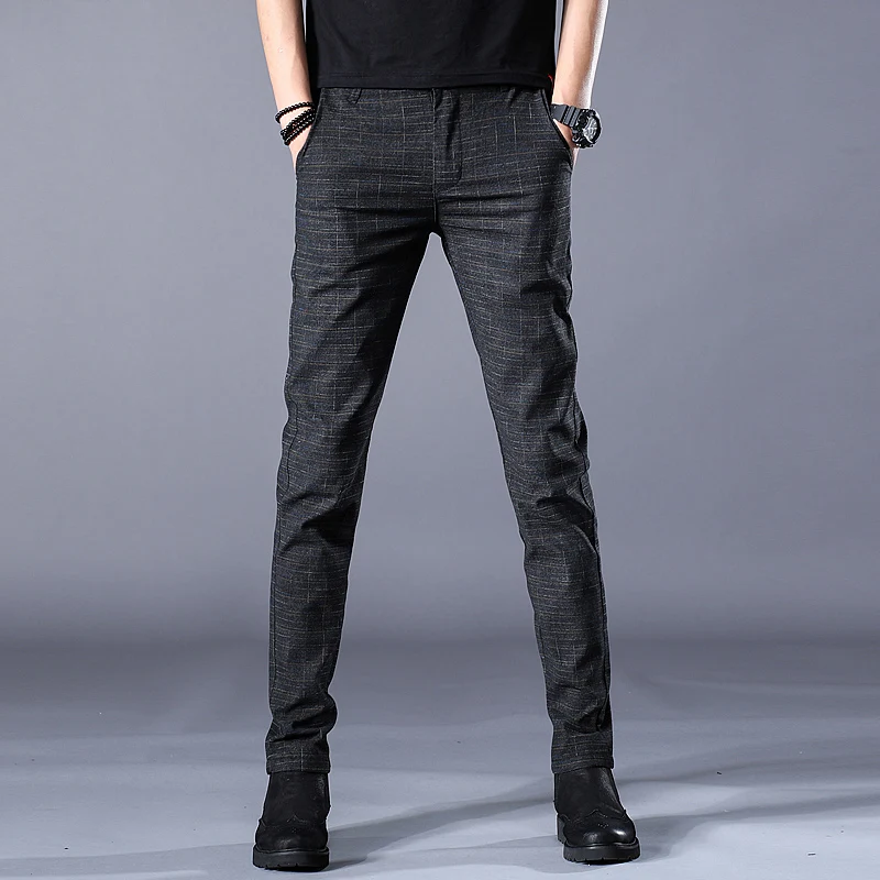 Новые мужские эластичные клетчатые брюки бизнес мода Slim Fit повседневные брюки мужские Брендовые брюки