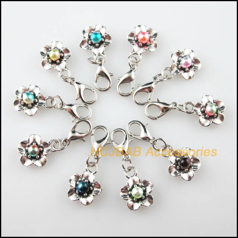 

10Pcs Retro Flower Star Multicolored Mixed Beads With Lobster Claw Clasps Charms