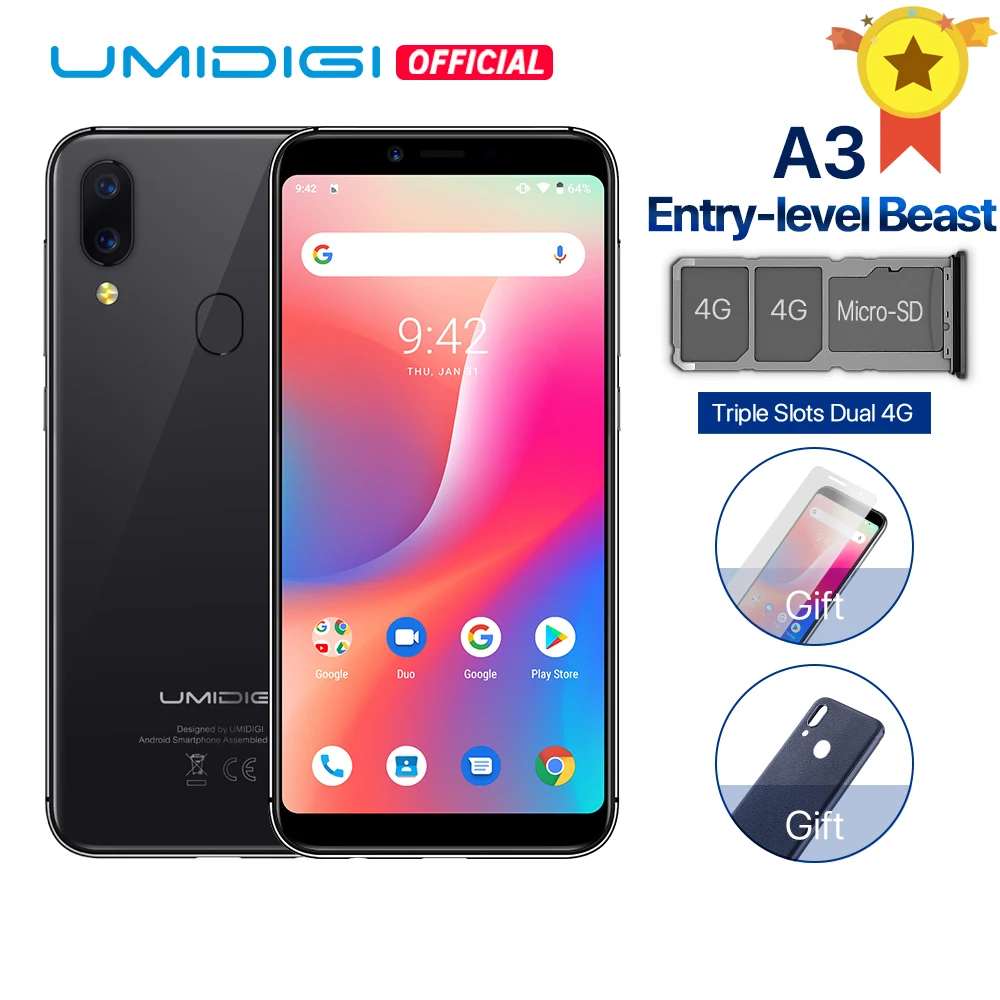 

UMIDIGI A3 Android 9.0 Global Version 5.5 inch display 2GB+16GB smartphone Quad core 12MP+5MP Face Unlock Dual 4G Cellphone