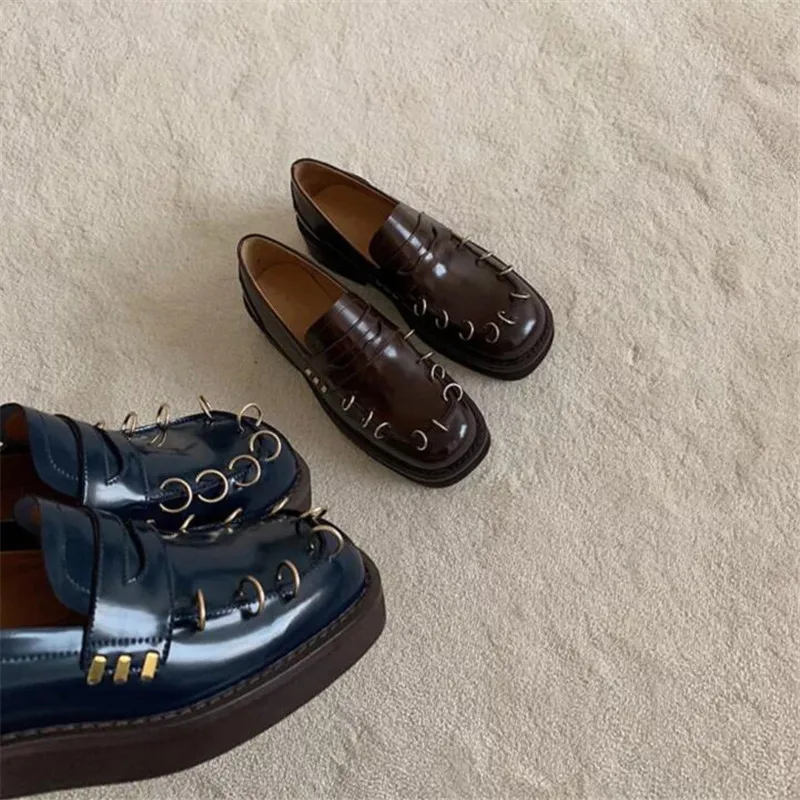 Genuine Leather Loafers Runway Short Flats Round Toe Shallow Shoes Woman Single Shoes Slip On Boat British Oxfords Shoes