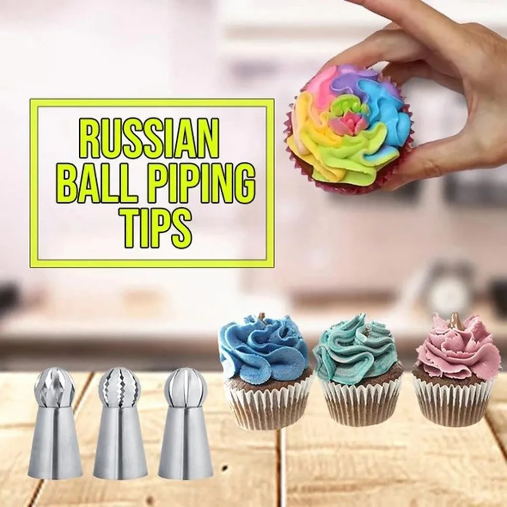 

3-Piece Russian Cream Pipe Kits Stainless Steel Pointed Cake Cream Enamel Tool Spherical Nozzle Garland 8 Knobs Kitchen Baking