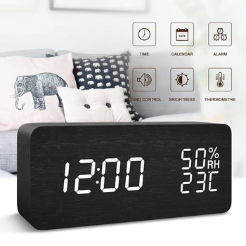 

Small Digital Wooden LED Alarm Clock Voice Control Snooze Function Desk Tools Wood Retro Glow Clock Desktop Table Decor