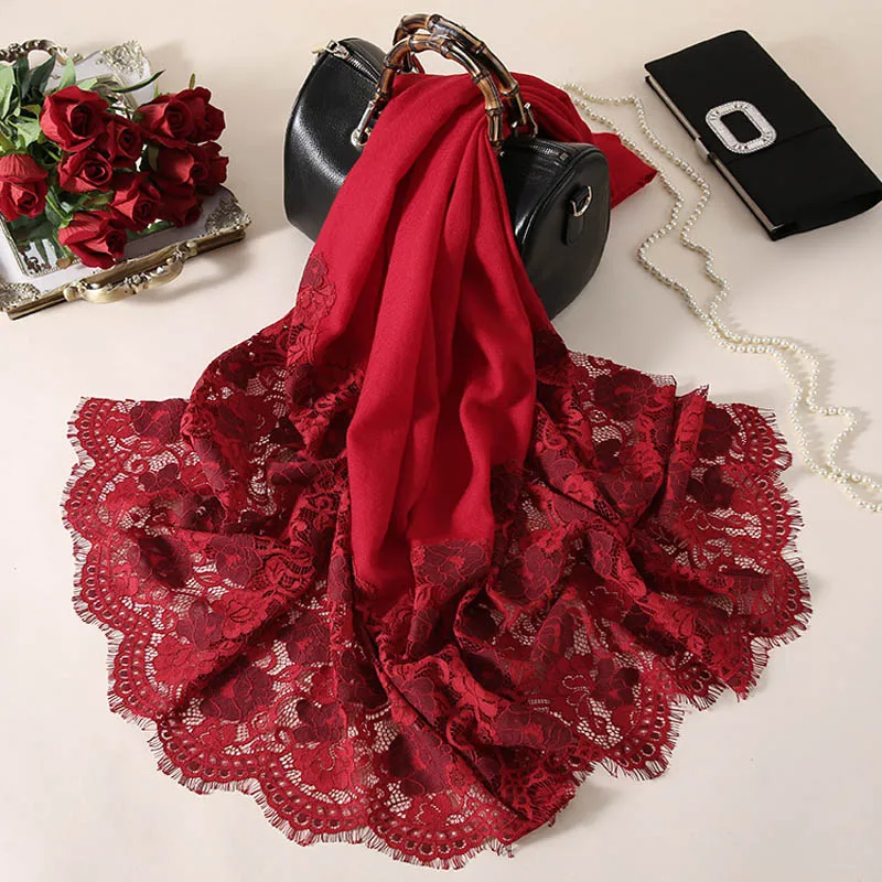 Шерстяной шарф для женщин красный теплый шаль обертывания для леди пашмины невесты шаль невесты зимние кружева вышивка шерстяные шарфы - Цвет: Wine Red