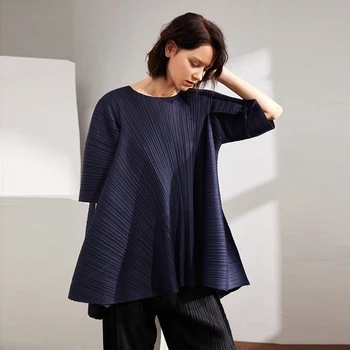

LANMREM 2020 Spring summer pleated Shirt Female Personality back drawstring bandage Irregular round collar tops big size YJ249