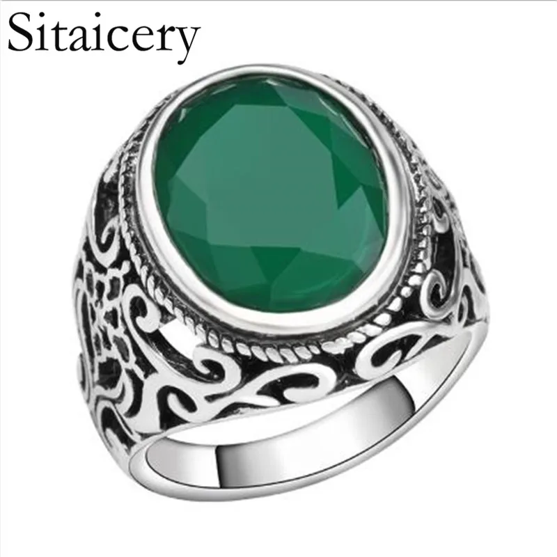 

Sitaicery Vintage Tibetan Big Green Oval Resin Ring Men Accessories Vintage Punk Rock Big Biker Signet Ring Jewelry Wholesale