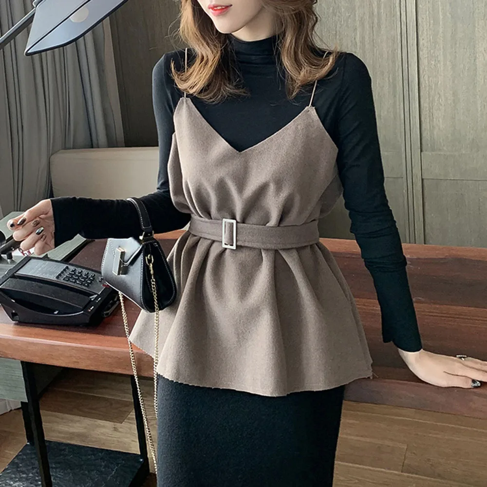 

Two Piece Set Women Autumn Office Ladies Elegant Sling Tops and Long Sleeve Basic T-Shirt Causal 2 Piece Suits Korean Woman Sets