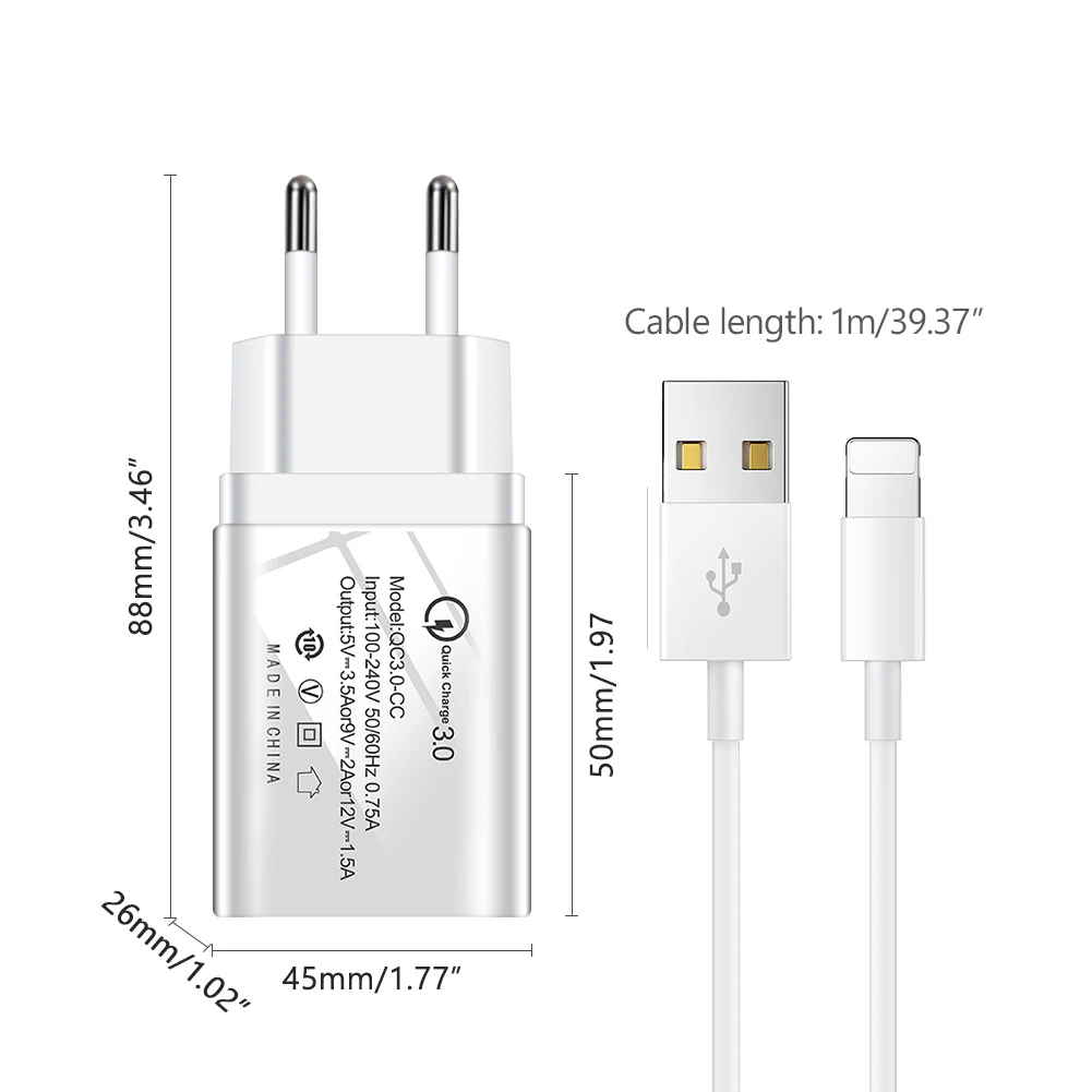Быстрая зарядка 3,0 USB быстрое зарядное устройство EU/US QC3.0 USB настенное зарядное устройство адаптер+ кабель зарядное устройство для телефона s для iphone X Xiaomi samsung huawei