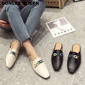 

Fashion Women Chain Mules Shoes Low Heel Slides Lazy Toe-covered Slippers Ladies Flat Sandals Female Flip Flops zapatos de mujer