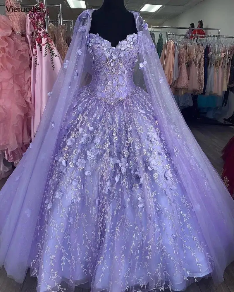 Mexican Vestido De 15 Anos Lilac Charro Quinceanera Dresses with Cloak Lace Applqiued Corset Sweet 16 Dress Abiti Da Cerimonia