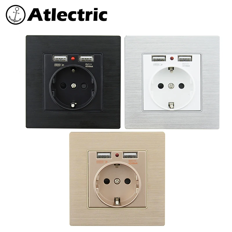 

Atlectric Luxury Brushed Panel Dual Usb Power Socket For Mobile Wall Switch 16a Eu Standard Wall Socket 110~250V