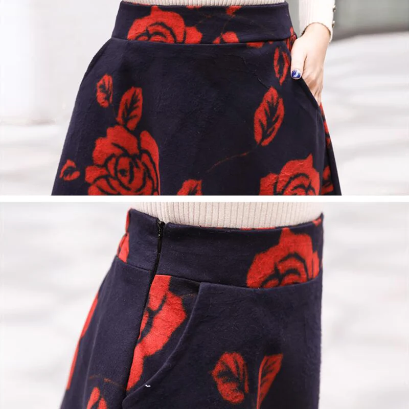 Elegant Winter Maxi Skirt Women Streetwear High Waist Long Skirt Big Size Wool Saias Vintage Print Floral Red Ladies Skirts