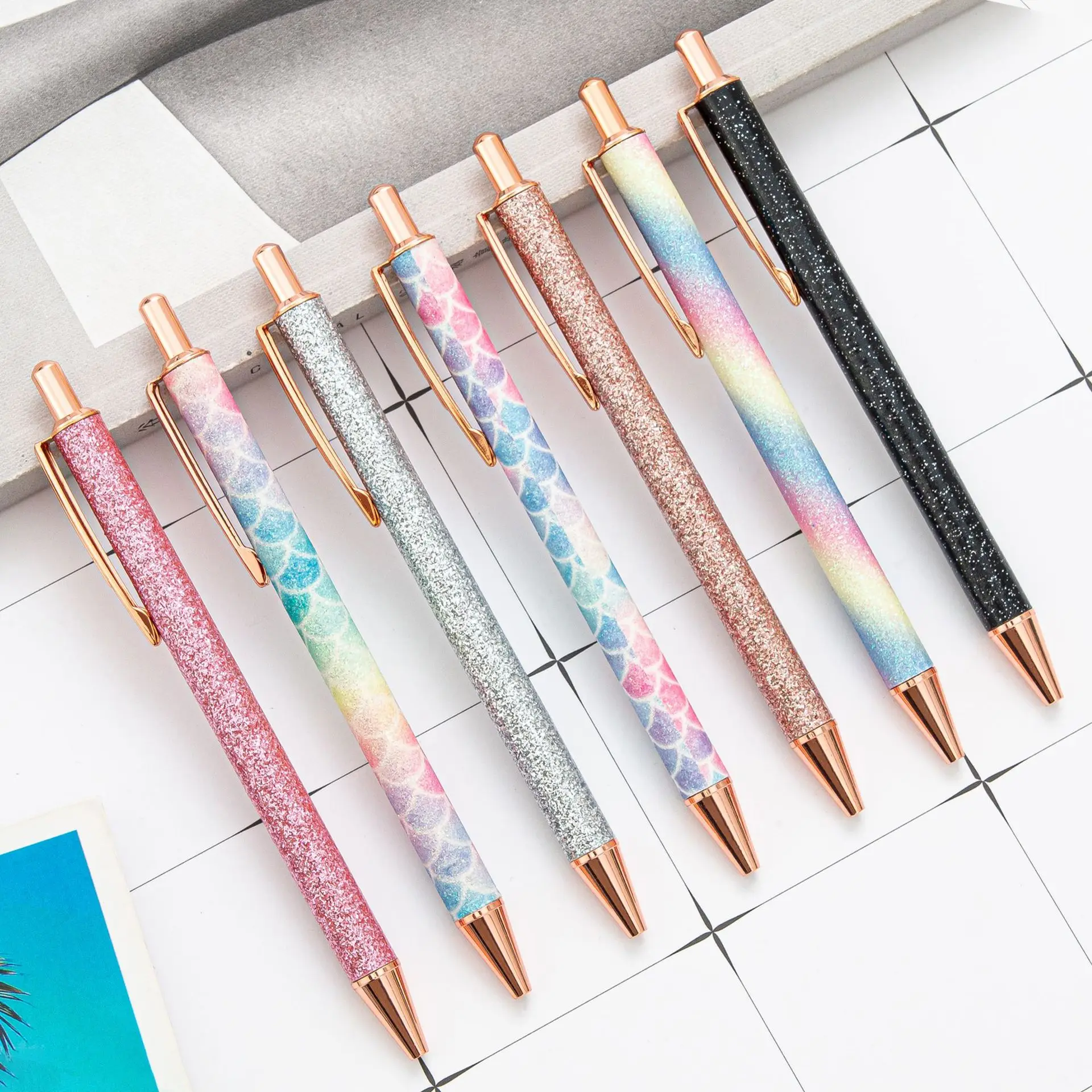 Glitter Cute Ballpoint Pens Sparkly Rose Gold Click Ball Pens Metal