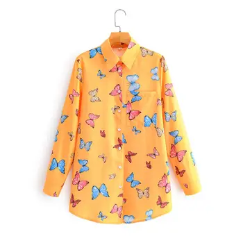

New 2020 women fashion colorful butterfly print casual smock blouse office lady long sleeve pocket shirt chic blusas tops LS6660