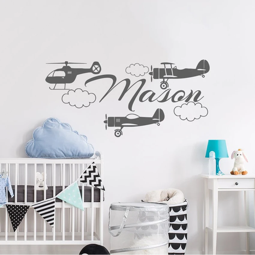 

Custom Name Wall Decals Plane Boy Nursery Airplane Decor Vinyl Clouds Wall Sticker Murals For Kids Bedroom Poster J096