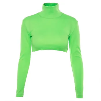 

Knit Short Pullover New Fashion Women Turtleneck Short Tops Long Sleeve Sexy Hip Hop Fluorescent Green Wild Pullover Sweater