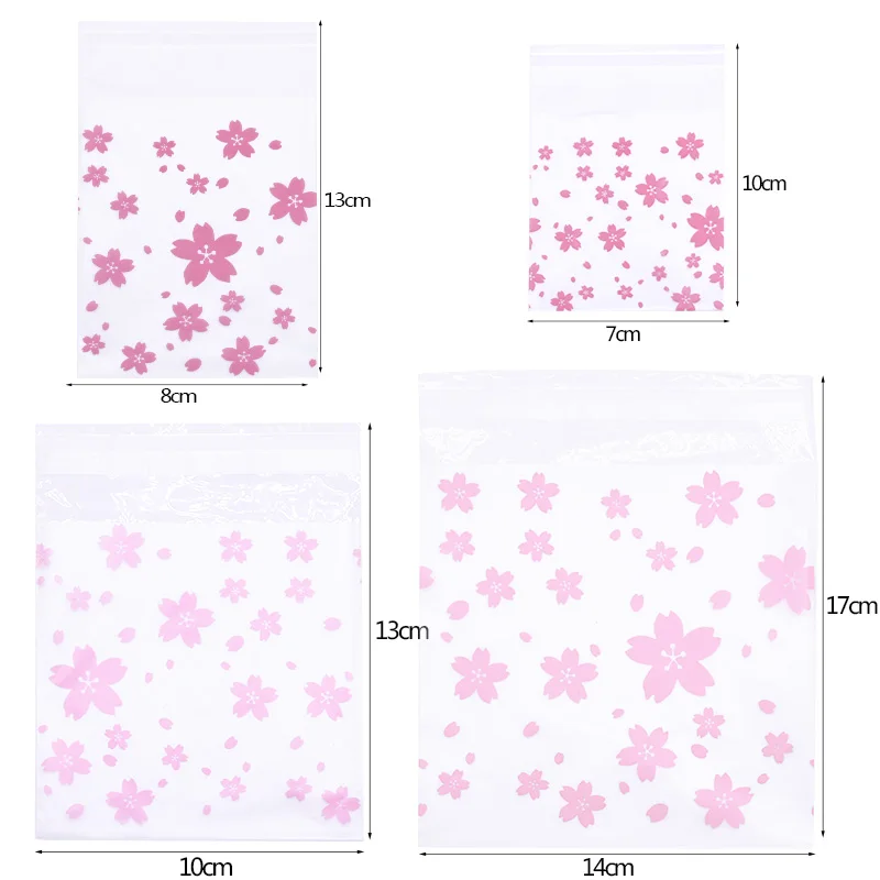 50pcs 7x7 8x10 10x10 14x14cm Pink Cherry Blossom Printing Transparent Gift Bags Pouch for Party Bags Birthday Candy Package Bag