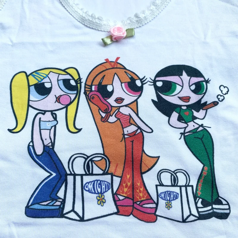 Harajuku Винтаж ins Горячая каваи милые кружева Powerpuff девушки шаблон печати женщин укороченный топ майки-ками YQ-1039