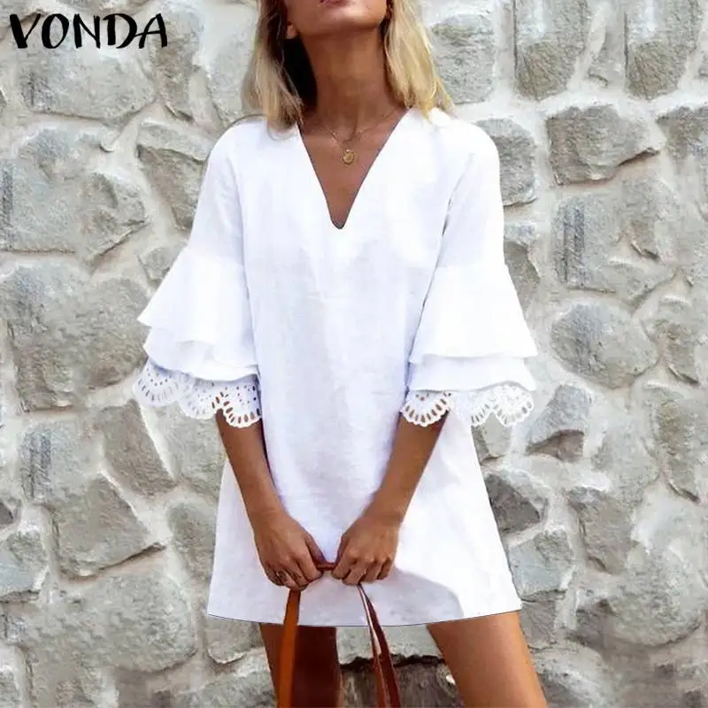 

VONDA Office Dress Women Hollow Half Fare Sleeve Ruffle Party Mini Dress Female Summer Sundress 2020 Plus Size V Neck Vestidos