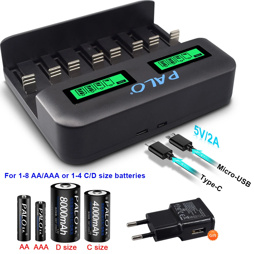 PALO LCD display Smart USB battery Charger for AA AAA C D Size Rechargeable Battery+1.2V Ni-MH AA AAA rechargeable batteries