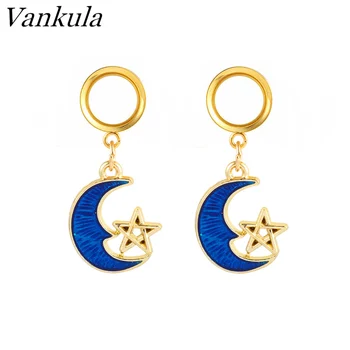 

Vankula 2pcs Ear Plugs Tunnels Ear Weights Stainless Steel Dangle Piercing Earrings Star Moon Ear Gauges Expander Body Jewelry
