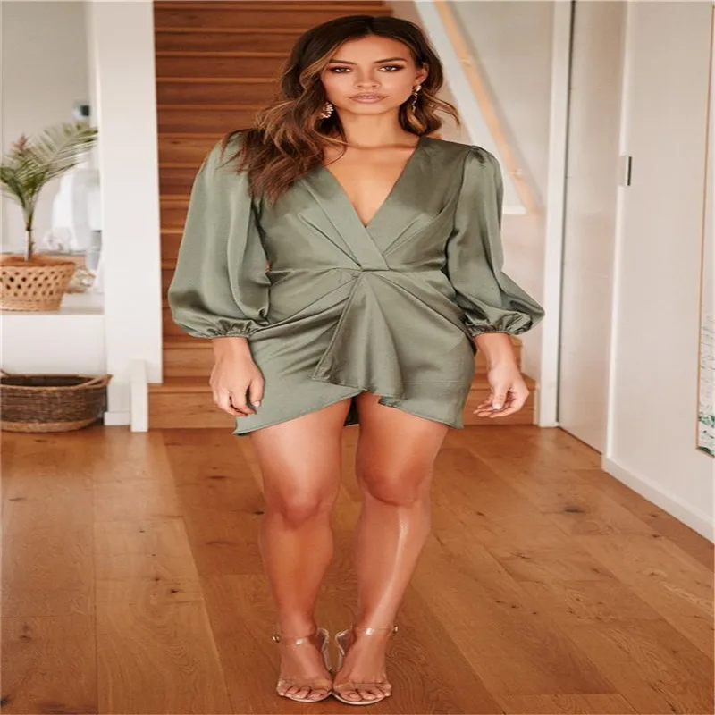 

Summer Women Sexy Deep V-Neck Short Mini Dress Long Sleeve Solid Evening Party Elegant Dresses Autumn Sundress