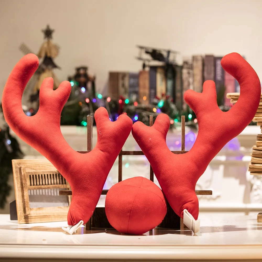 Christmas Car Decoration Plush Rudolf Reindeer Car Antler Red Nose Jingle Bells