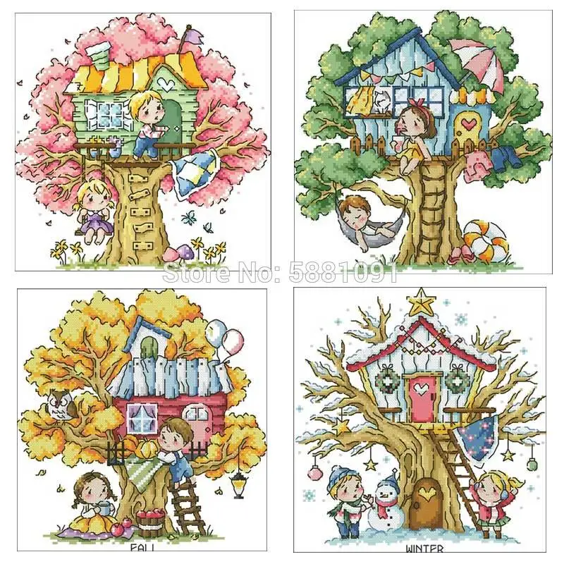 

Four seasons tree house patterns Counted Cross Stitch 11CT 14CT 18CT DIY Cross Stitch Kits Embroidery Needlework Sets home decor