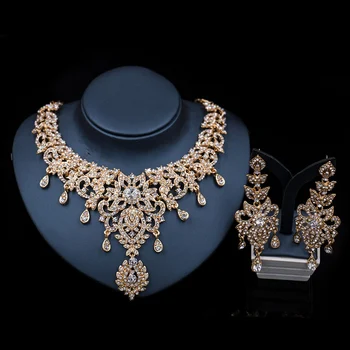 

Leaf African Bridal Jewelry Sets For Women Big Crystal Statement Necklace Earrings Sets Wedding Jewelry