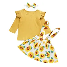 Одежда для новорожденных девочек от 6 месяцев до 3 лет Трикотажные топы+ свитерок и юбка с подсолнухами+ повязка на голову, комплект одежды