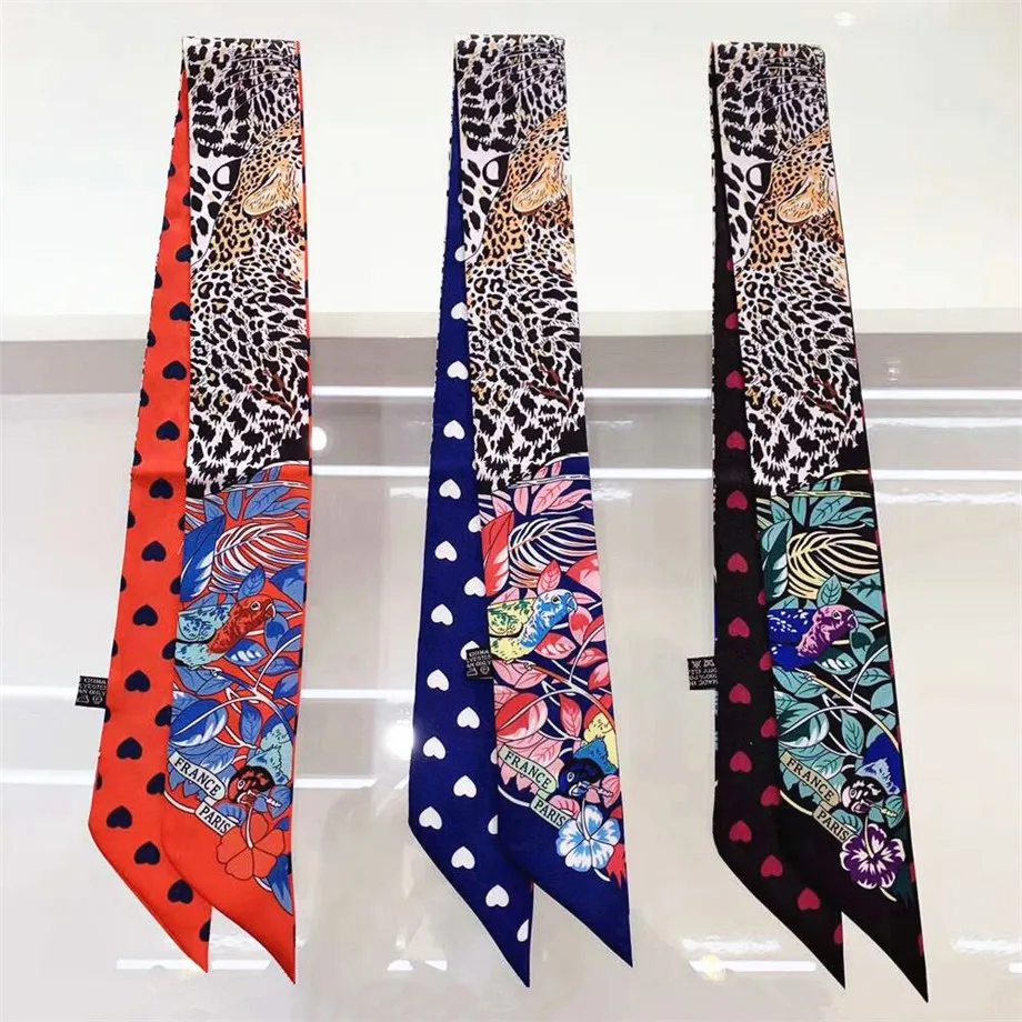 

Leopard Parrot Heart Spring Skinny Scarf Women Luxury Brand Bag Scarves 2020 New Design Summer Neckerchief Silk Scarf For Ladies