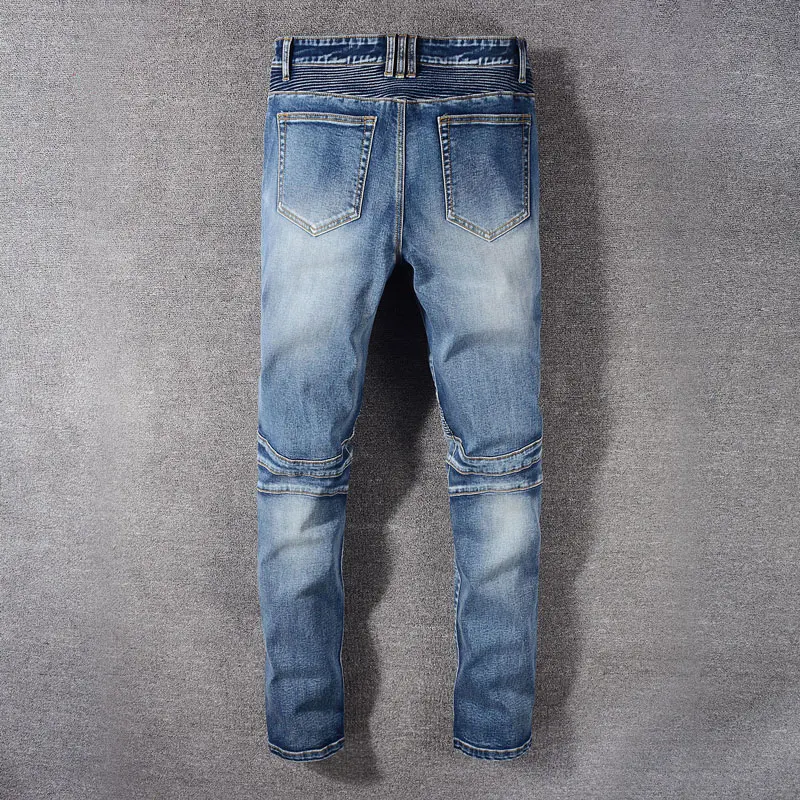 Promo Italian Style Blue Color Street Fashion Men Jeans Destroyed Ripped Jeans Men Motor Biker Jeans Homme New Men Pants