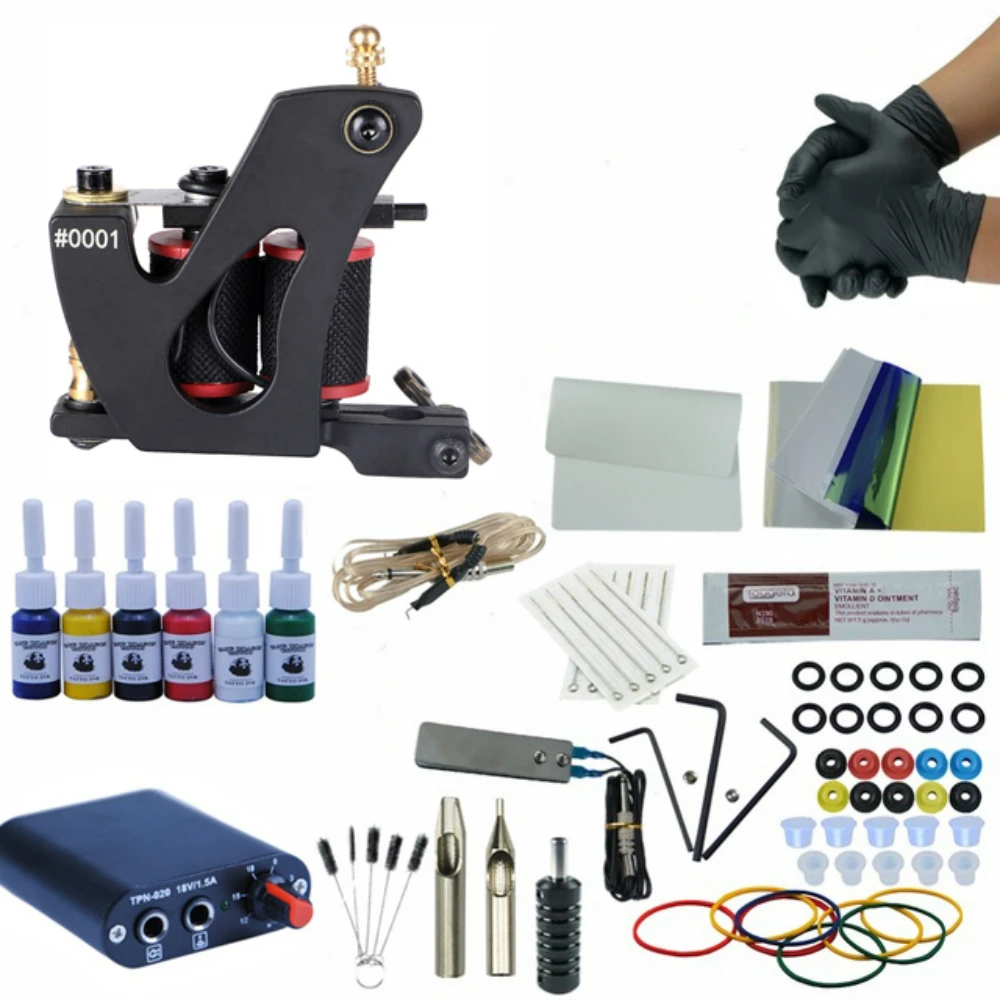 

Complete Tattoo Machine Set Cosmetic Permanent Makeup Single Gun Kit Tattoo Tool 6 Colors Inks