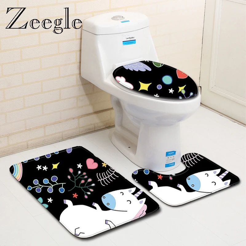 Zeegle 3pcs/set Non-Slip Rug Bathroom Mat Flannel Bath Rug Toilet Lid Cover Bath Mat Cartoon Pattern Floor Mats