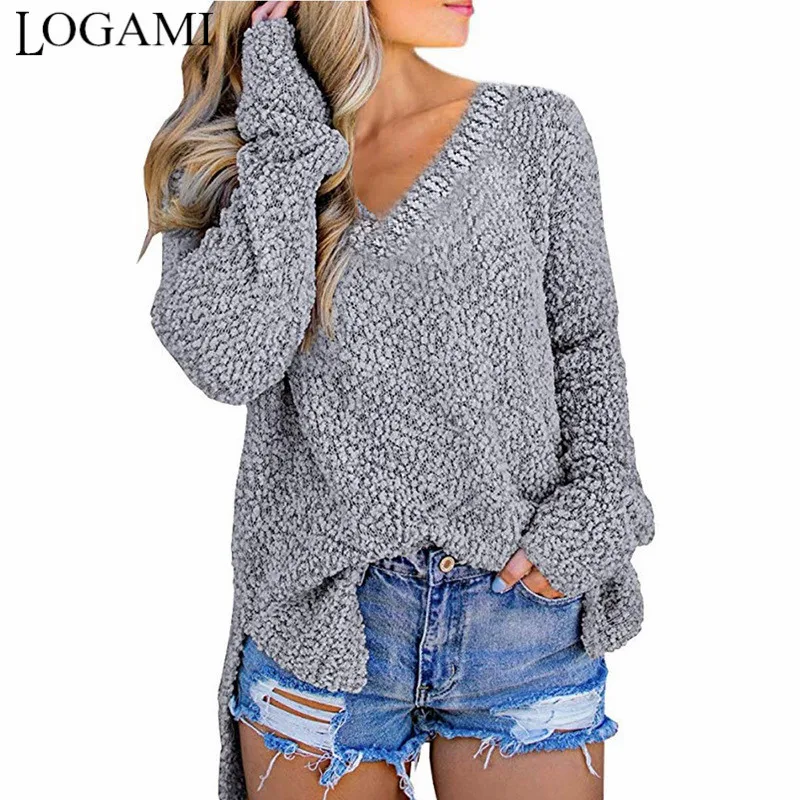 LOGAMI Long Sleeve V Neck Fleece Pullover Soft Sweater and Pullover Womens Knit Jumper