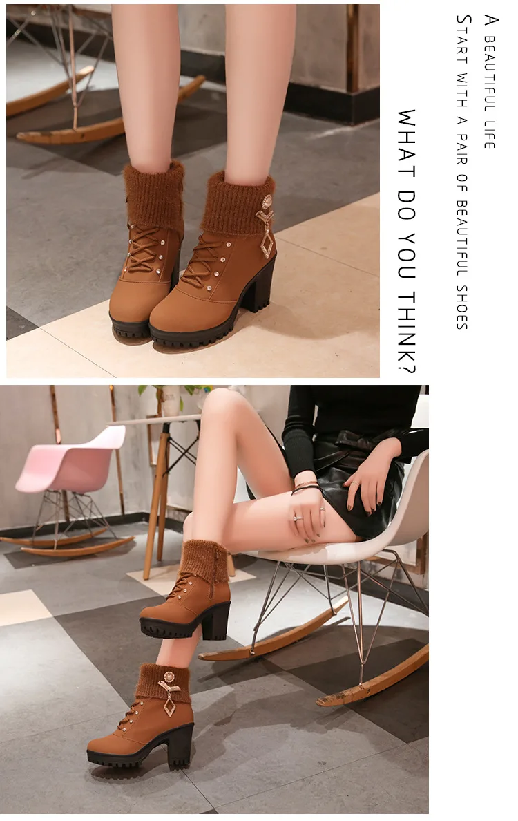 Autumn/Winter New Korean Plus Velvet High Heeled Women's Boots HairY Mouth Bold with Martin Boots Set Up Warm Short Boots
