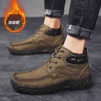 

Waterproof Snow Boots Retro Winter Motorcycle Boots Men Boots 2019 New Super Warm Plush Men's Winter Split Leather Ankle Boots