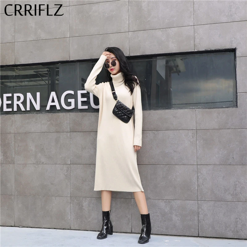 

Autumn Winter Turtleneck Knittd Dresss Women 2020 New Loose Full Sleeve Thick Solid Casual Straight Dress CRRIFLZ