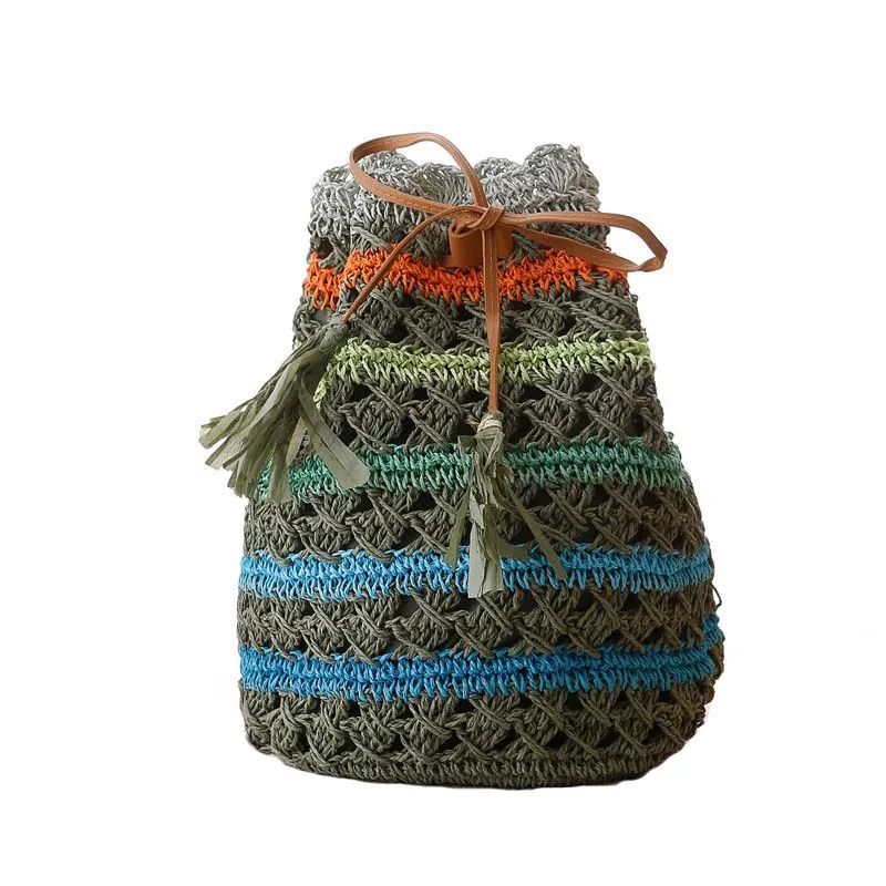 

4PCS / LOT Women Striped Bohemian Straw Backpacks Beach Bag For Teenagers Ladies Girl Travel Knitting Tassel Bagpack Mochila