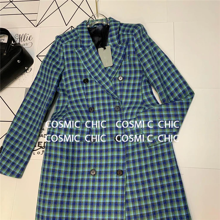 Cosmicchic зимнее женское Шерстяное клетчатое длинное пальто с длинным рукавом и двойной пуговицей винтажное Сетчатое Ретро подиумное Пальто Блейзер