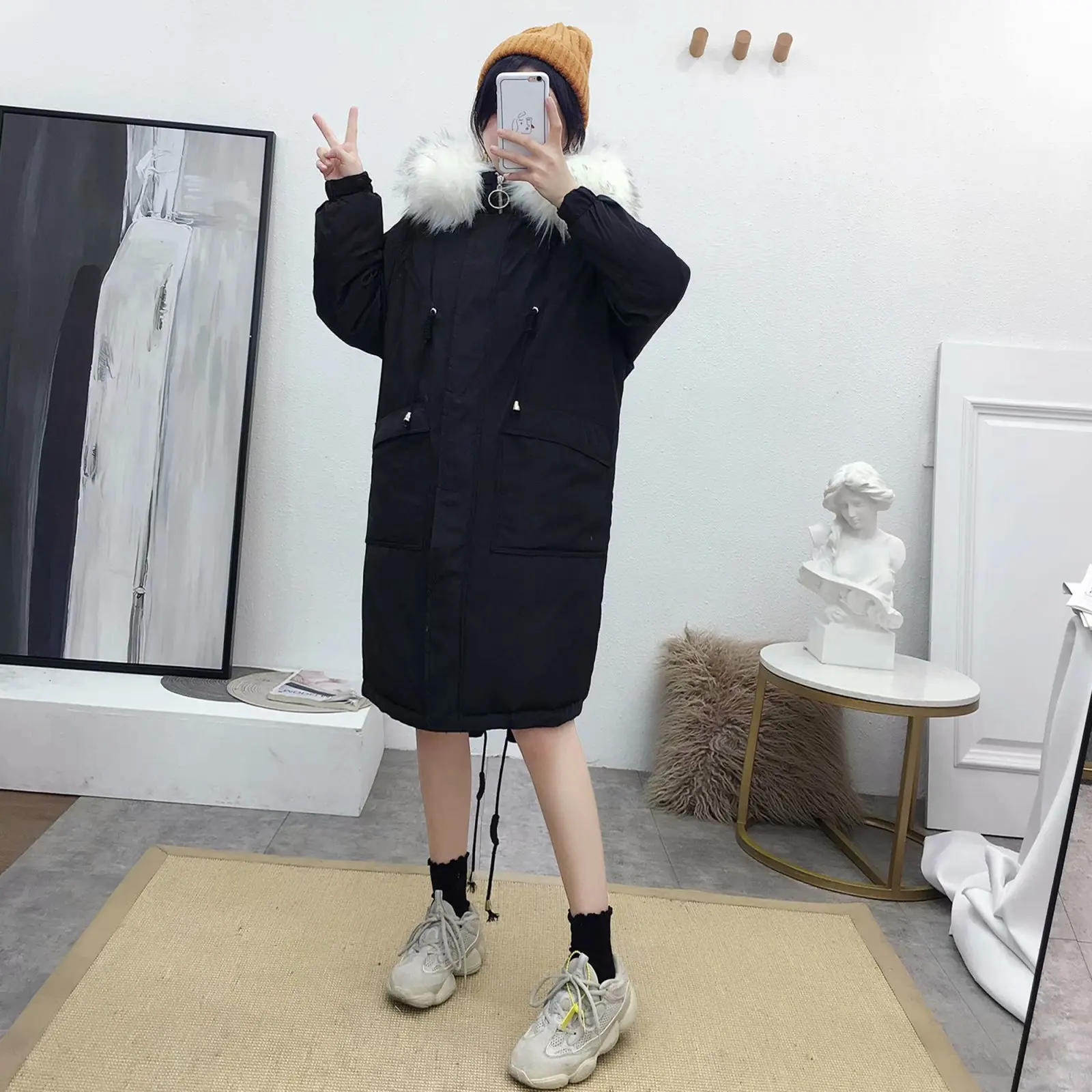 

Korean-style Fall And Winter Clothes New Style Large Fur Collar Hooded Drawstring down Cotton Long Slit Cotton-padded Clothes Co