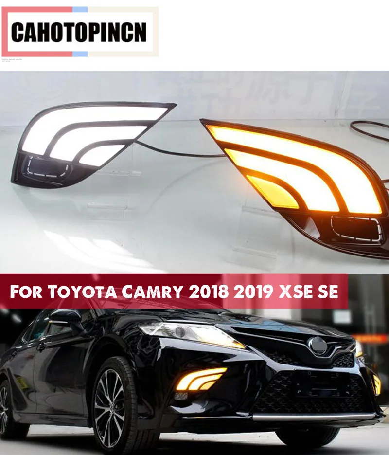 

Для Toyota Camry 2018 2019 XSE SE 12V светодиодный дневный ходовой светильник DRL для автомобиля противотуманная фара с плавным поворотным желтым сигнальным реле