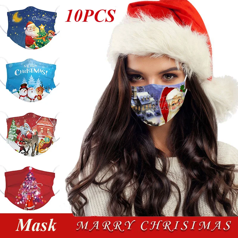 Masque 10pcs Christmas Adult Universal Disposable Printed Mask 3ply Mouth Protective Mascarillas Halloween Cosplay | Аксессуары для