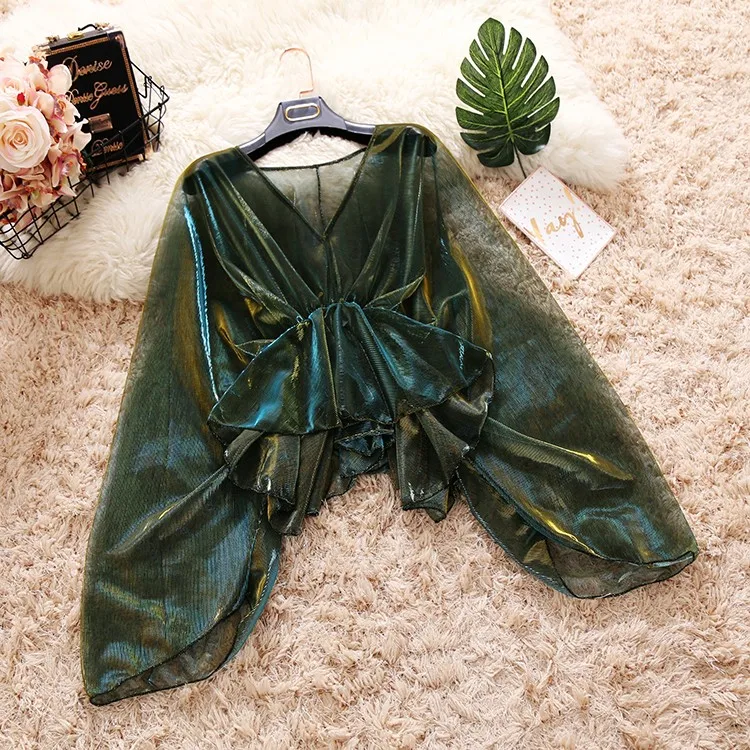 

Summer New Female V-neck Ruffles Mesh Shirt Women's Bat Sleeve Loose Waist Flounced Sun Protection Shirts Oversize Thin Blouse