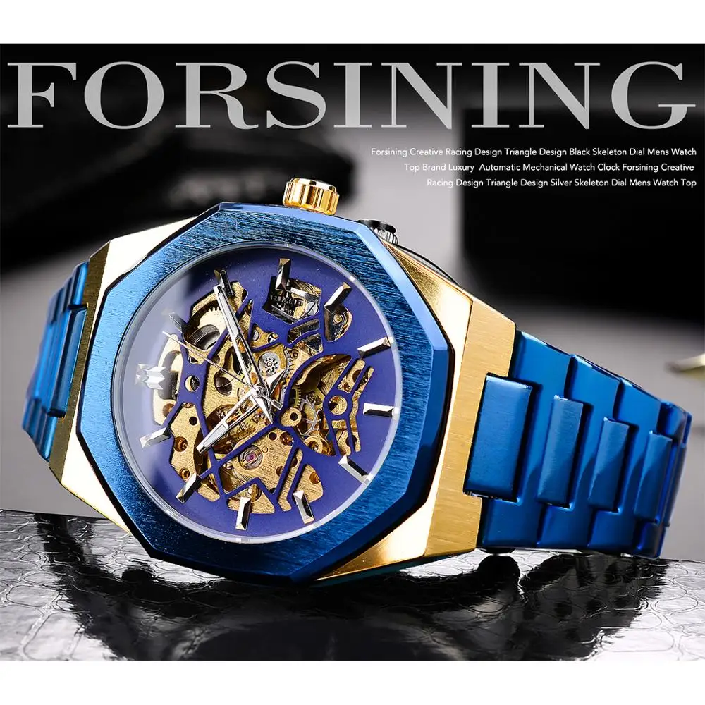 Forsining механические мужские часы модные автоматические мужские часы синий нержавеющая сталь Водонепроницаемый бизнес Скелет Erkek коль Saati