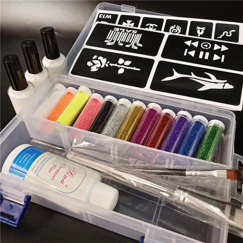High Capacity 24 Colors Powder Shimmer Glitter 3 Glues 2 Brushes 2 Stencils For Temporary Tattoo Kids Face DIY Nail Art