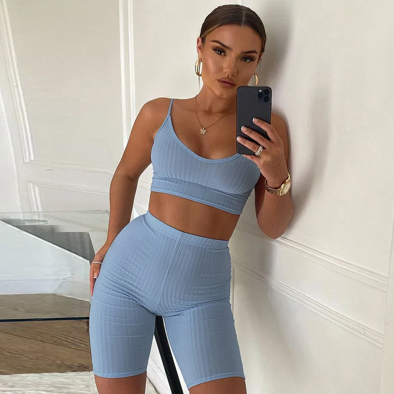 Women Summer Fashion 2020 Two Piece Sets Sexy Spaghetti Strap Short Exposed Navel Camis High Waist Five Pants Casual 2Pcs Set |